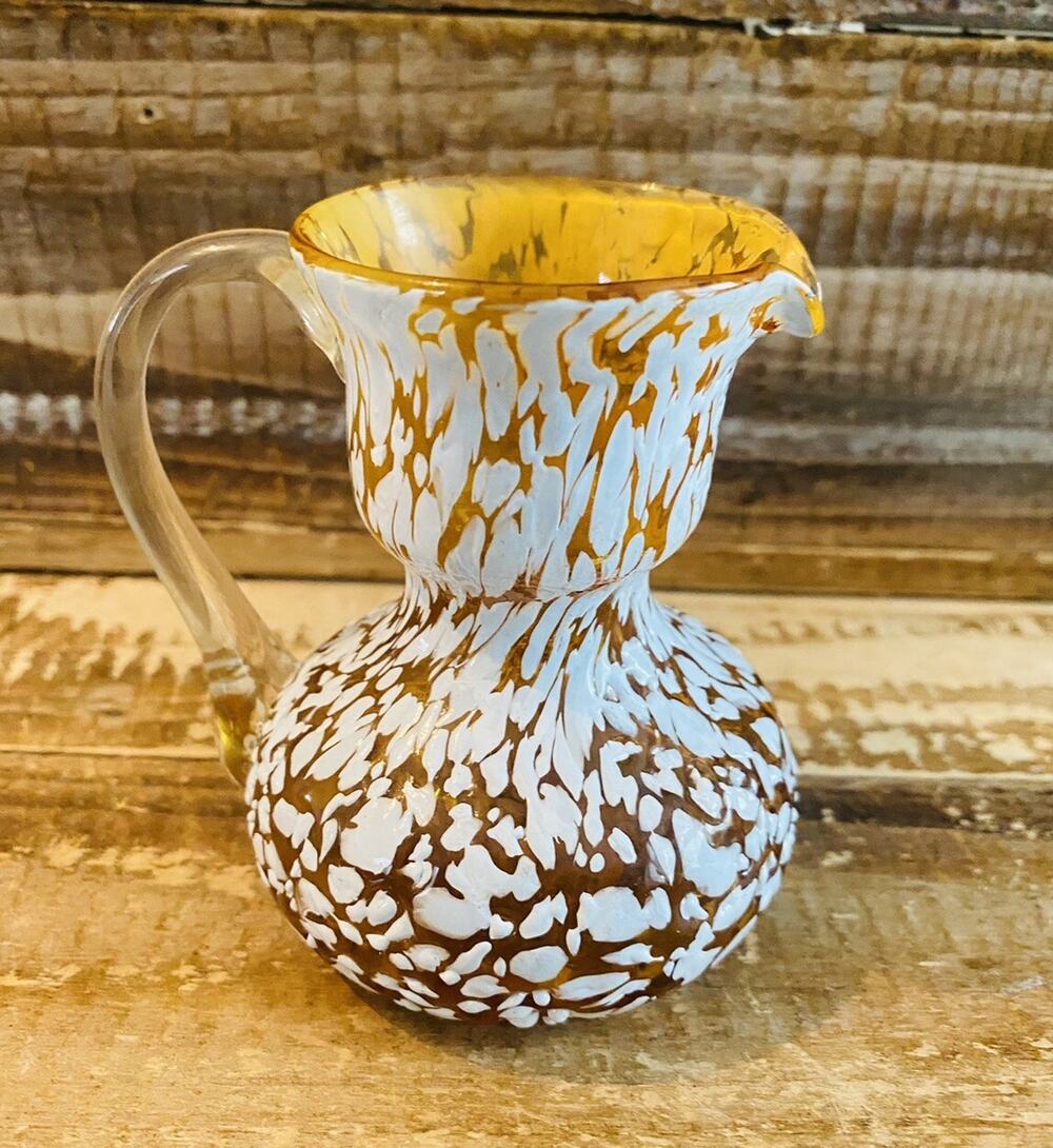 Studio Art Glass Pitcher Creamer Amber White Mottled Splatter Hand Blown 3.5"